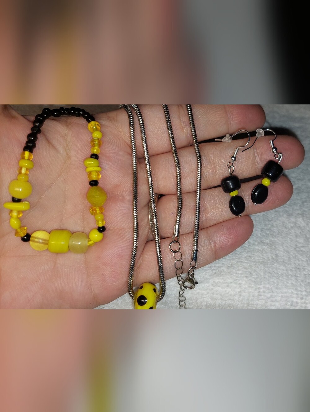 Yellow and Black Glass Bead Jewelry Set - Necklace, Bracelet & Earrings
